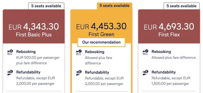 Screenshot comparing Lufthansa First Class fares (Basic Plus, Green, Flex), showing high refund penalties.