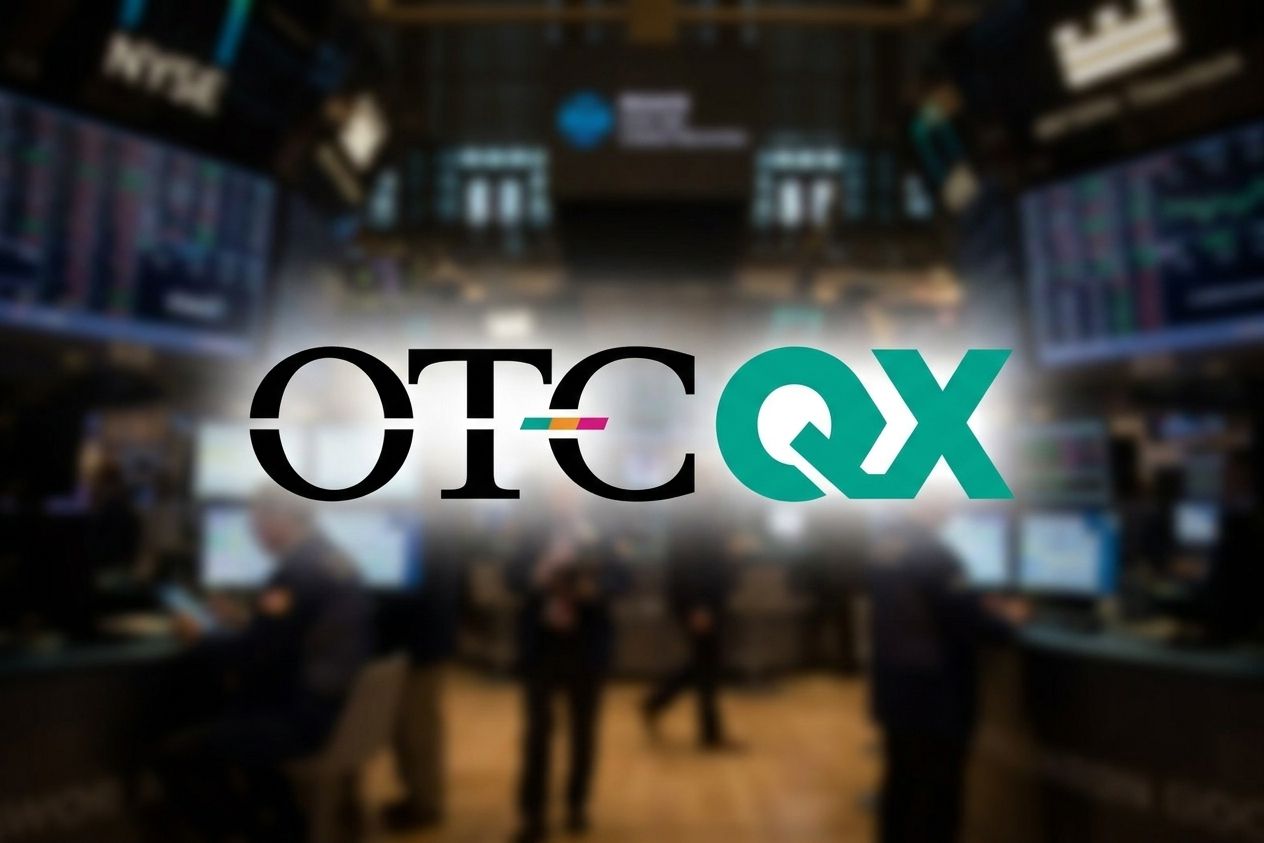 The OTCQX logo displayed over a blurred, busy trading floor background.