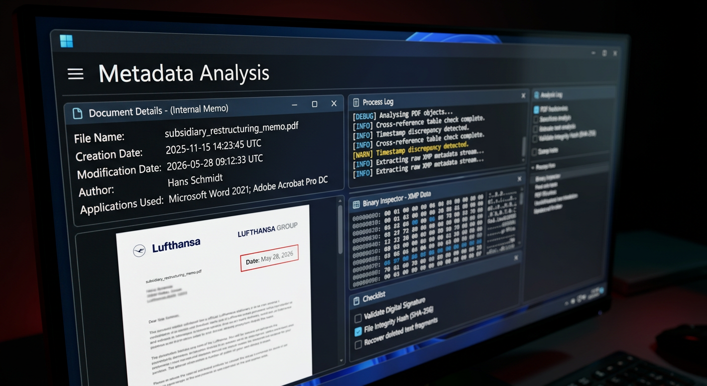 A computer screen displays metadata analysis software showing a Lufthansa memo and a detected timestamp discrepancy in its logs.