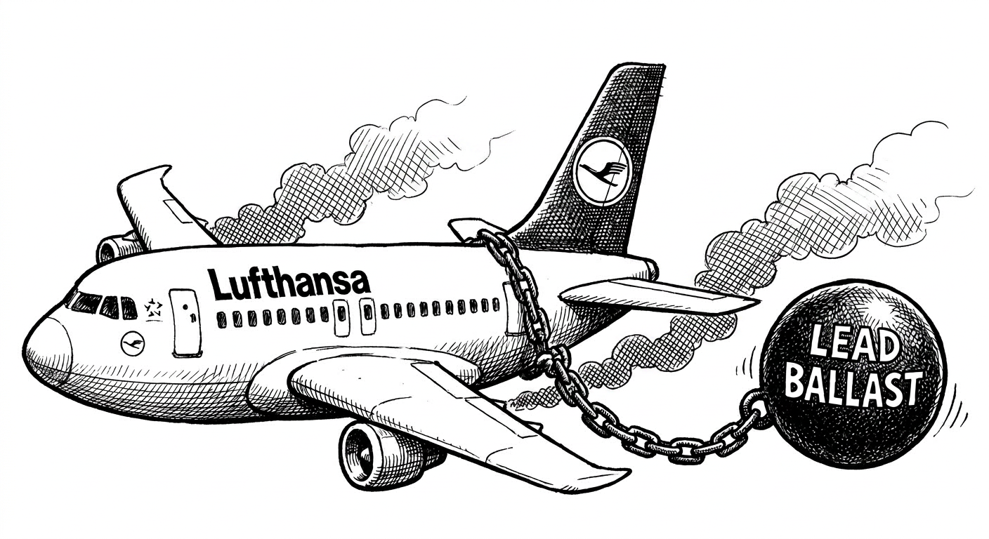 Cartoon: Lufthansa airplane emitting smoke, chained to a heavy ball labeled 'LEAD BALLAST,' depicting a burden.