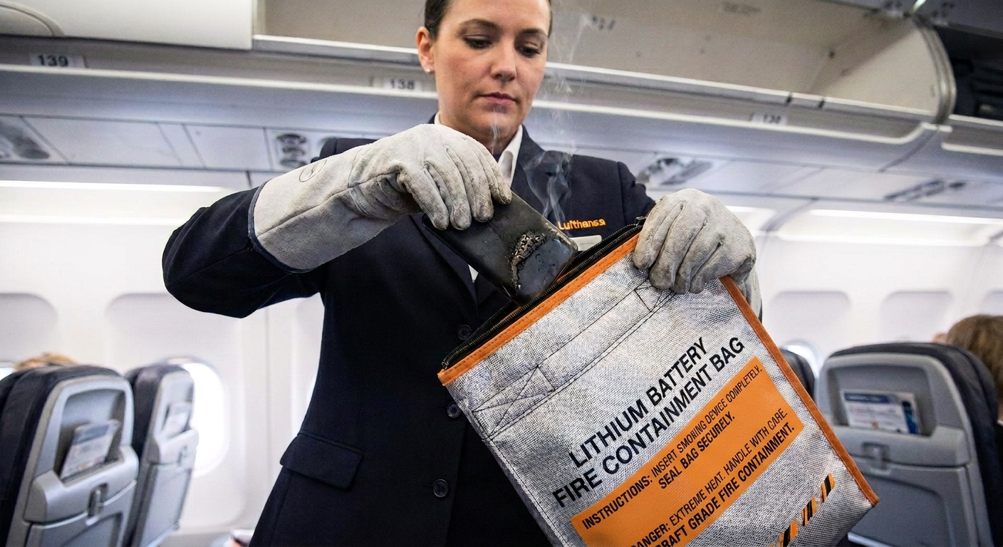 Lufthansa Flugbegleiterin legt ein rauchendes Gerät in einen LITHIUM BATTERY FIRE CONTAINMENT BAG im Flugzeug.