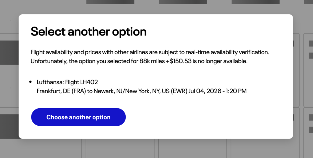 A flight booking error pop-up showing a Lufthansa 'phantom seat' for 88k miles to Newark, which is suddenly unavailable.