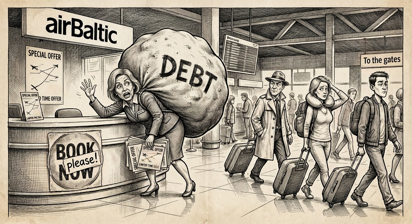 Eine Karikatur zeigt einen gestressten airBaltic-Mitarbeiter, der mit einem riesigen Sack voller Schulden beladen ist, während desinteressierte Passagiere vorbeigehen.