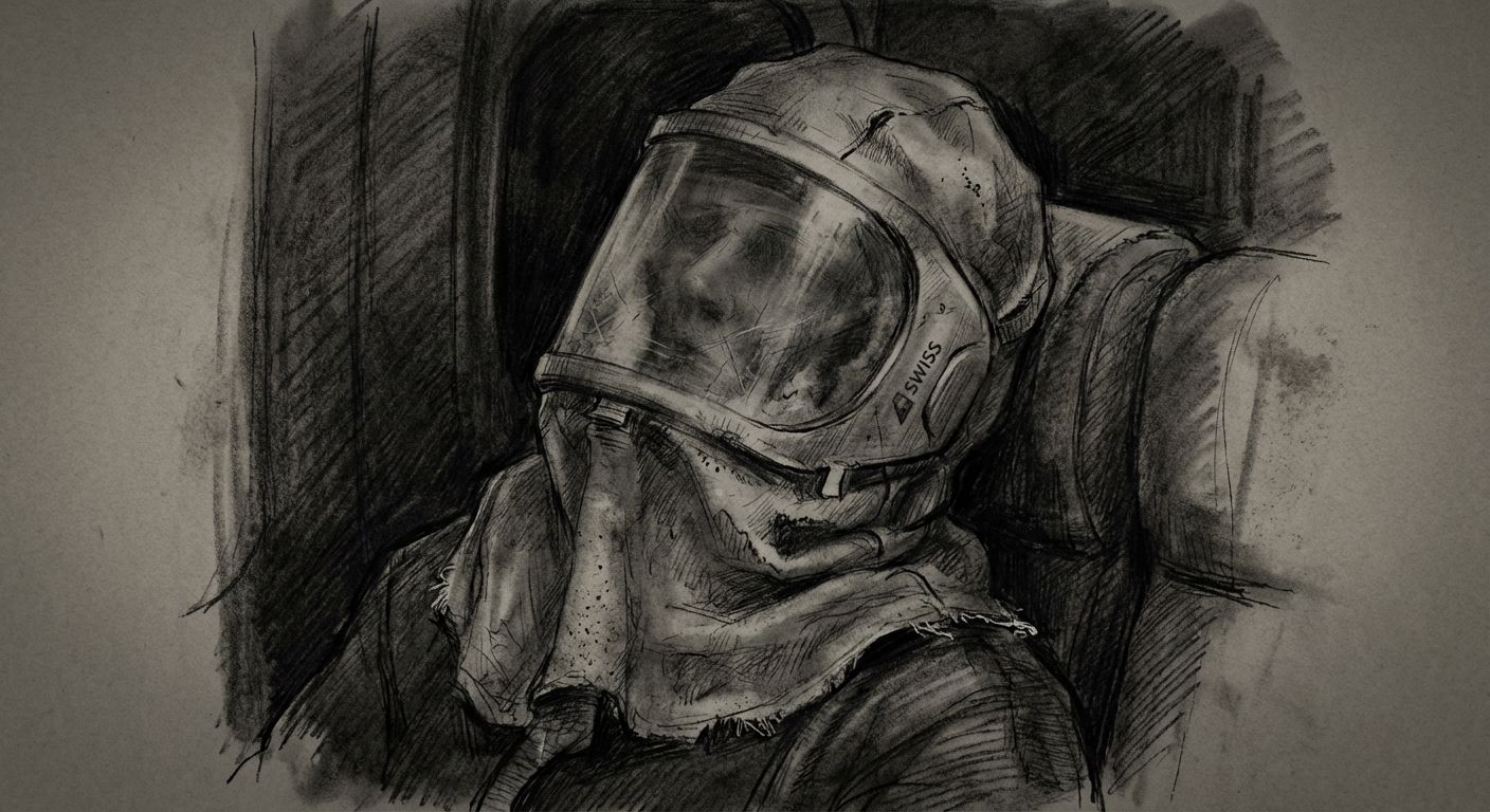 Sketch of a passenger in a Swiss Air plane wearing a protective hazmat suit and mask.