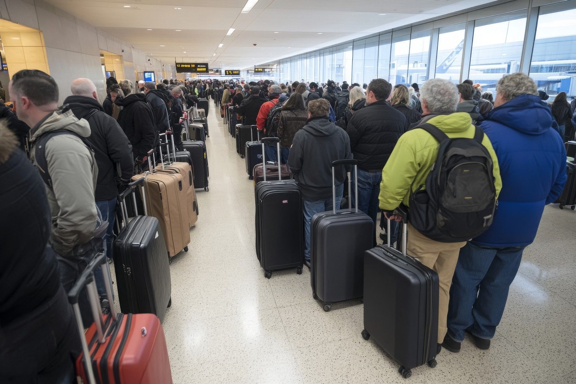 Long security line at a busy airport with many travelers and luggage.