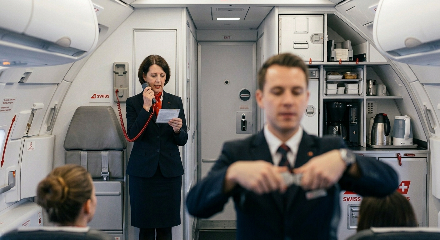 SWISS Flugbegleiter in einer Flugzeugkabine. Eine Flugbegleiterin telefoniert, während ein männlicher Kollege im Vordergrund arbeitet.