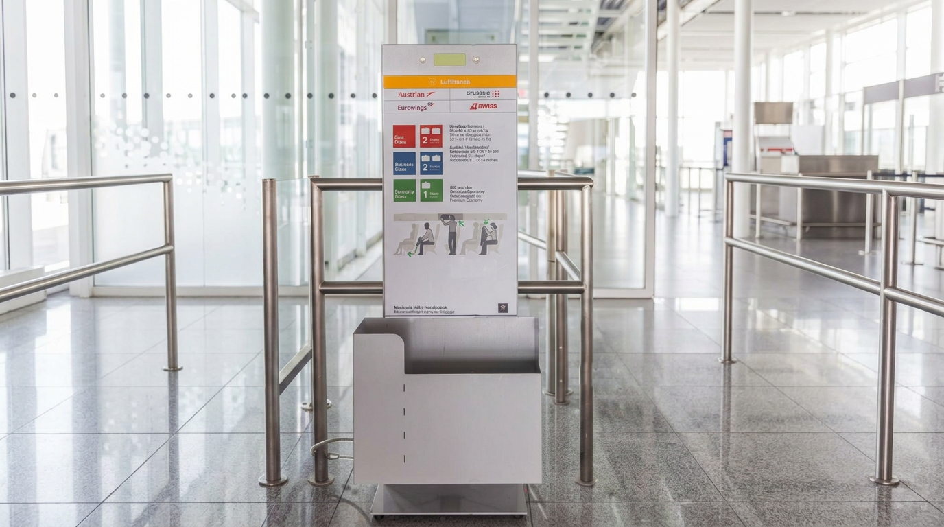 Flughafen-Gepäcklehre für Lufthansa Group Airlines (Lufthansa, Austrian, Swiss, Eurowings, Brussels) mit Handgepäckregeln.
