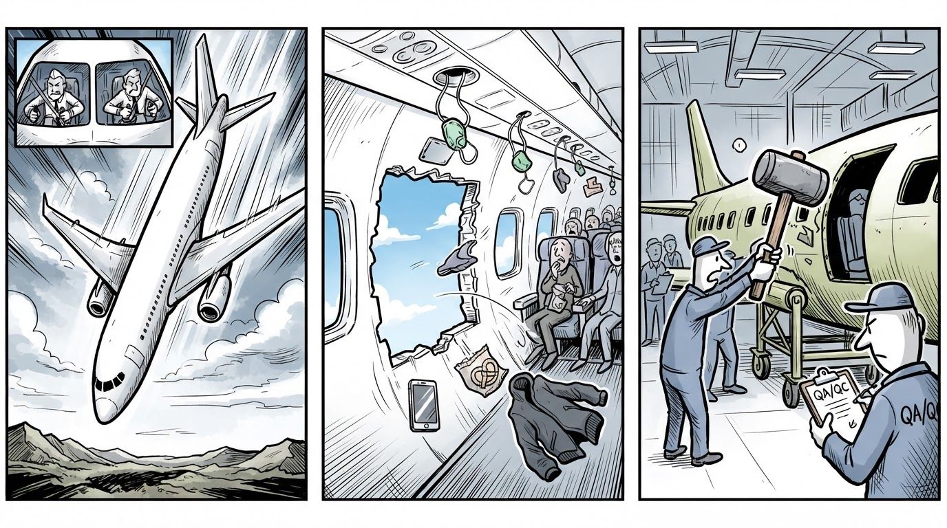Comic: A plane nose-diving with terrified pilots, then a fuselage hole with panicked passengers, and finally mechanics hitting it with a hammer for QA/QC.