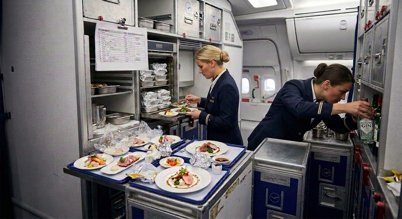 Two flight attendants meticulously prepare gourmet meals and retrieve drinks in an airplane galley, showcasing premium inflight service.
