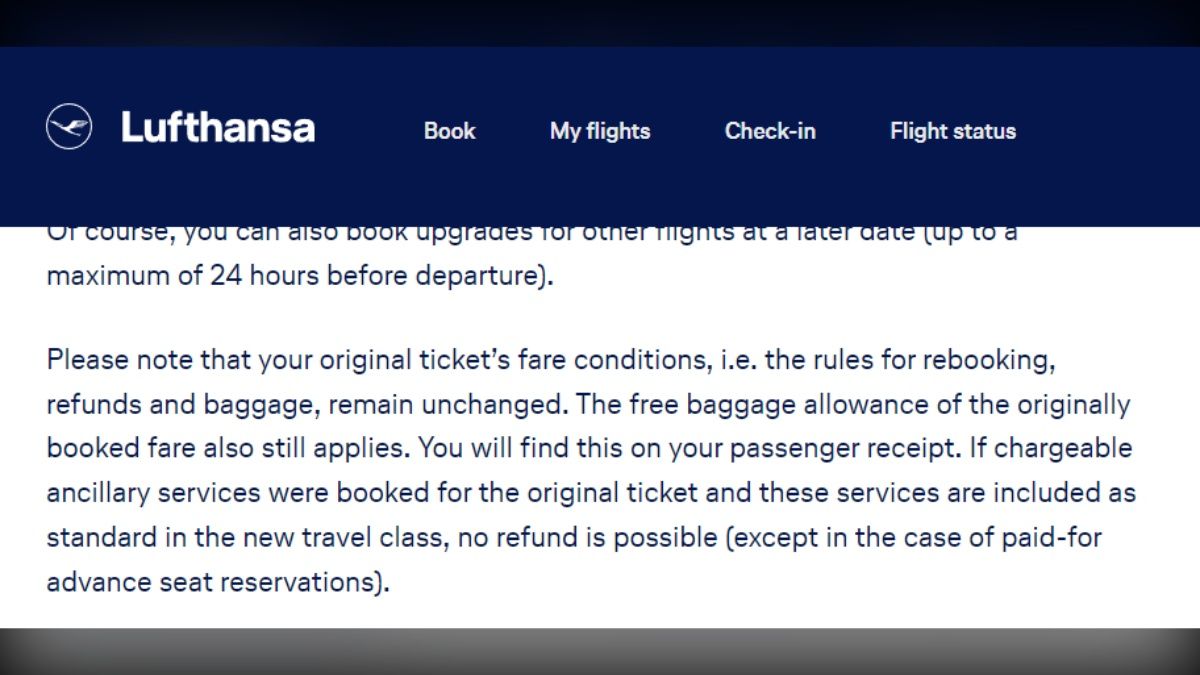 Lufthansa webpage detailing upgrade terms: original fare conditions for rebooking, refunds, and baggage allowances remain unchanged.