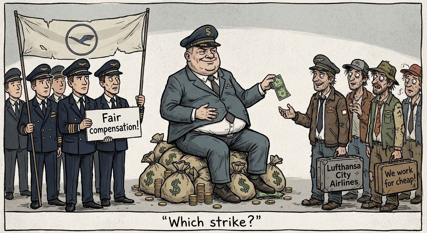 Cartoon depicting airline labor issues: a CEO sits on money bags offering a dollar to underpaid workers as pilots strike.