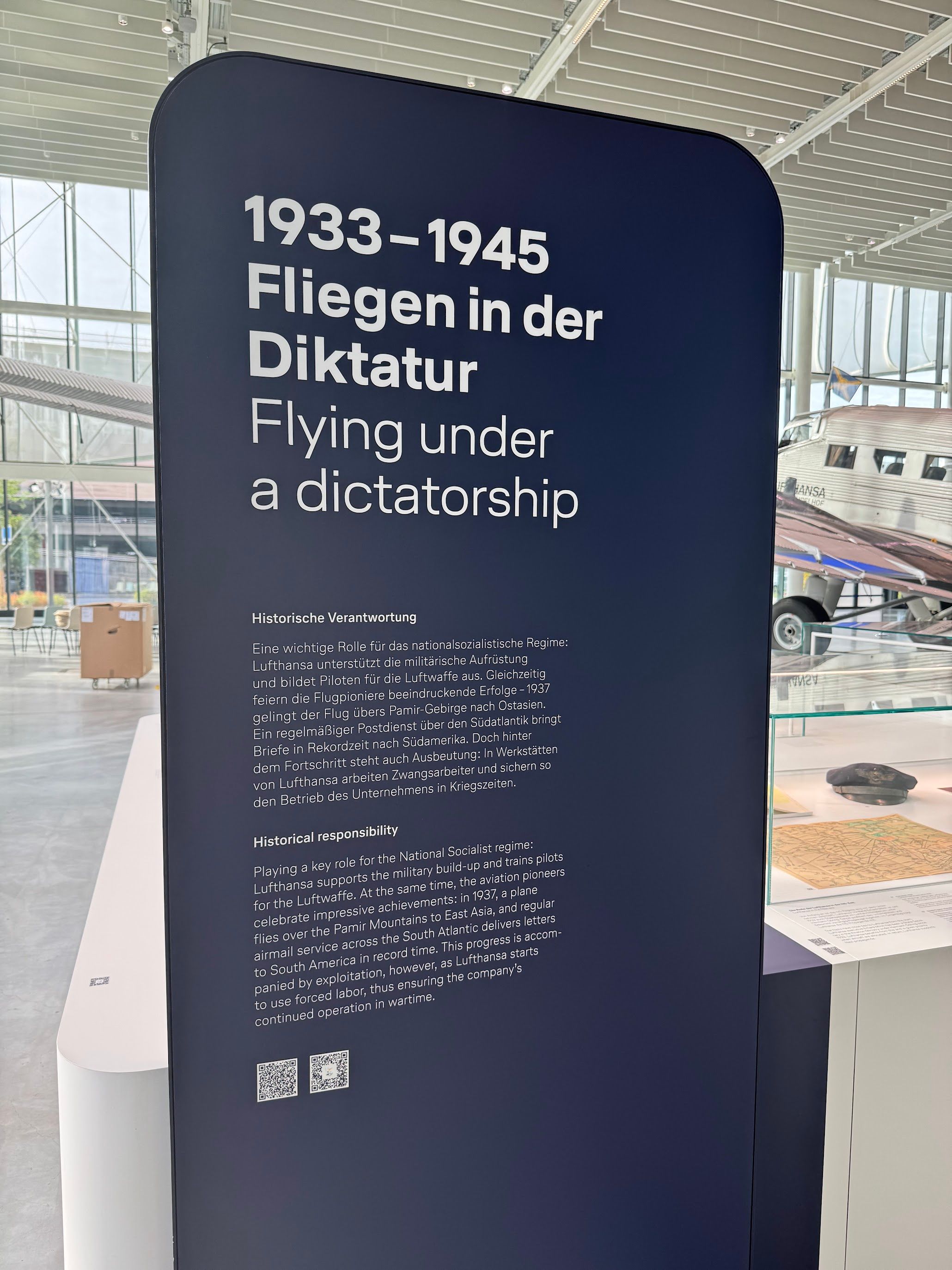 Lufthansa's Hangar One exhibit panel: '1933-1945: Flying under a dictatorship.'
