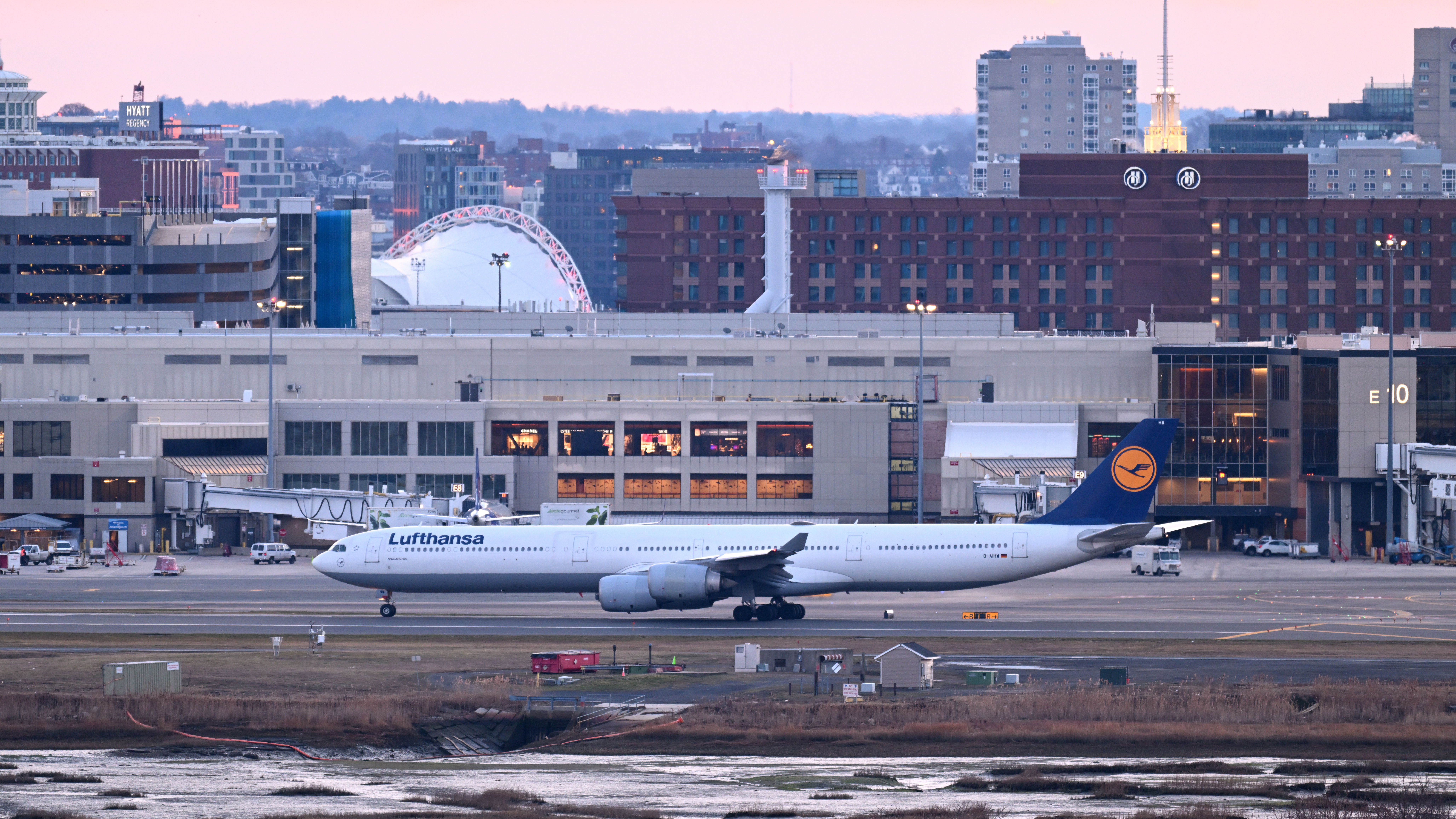 Lufthansa A340-600 D-AIHW preparing to take off Boston Dec 2024