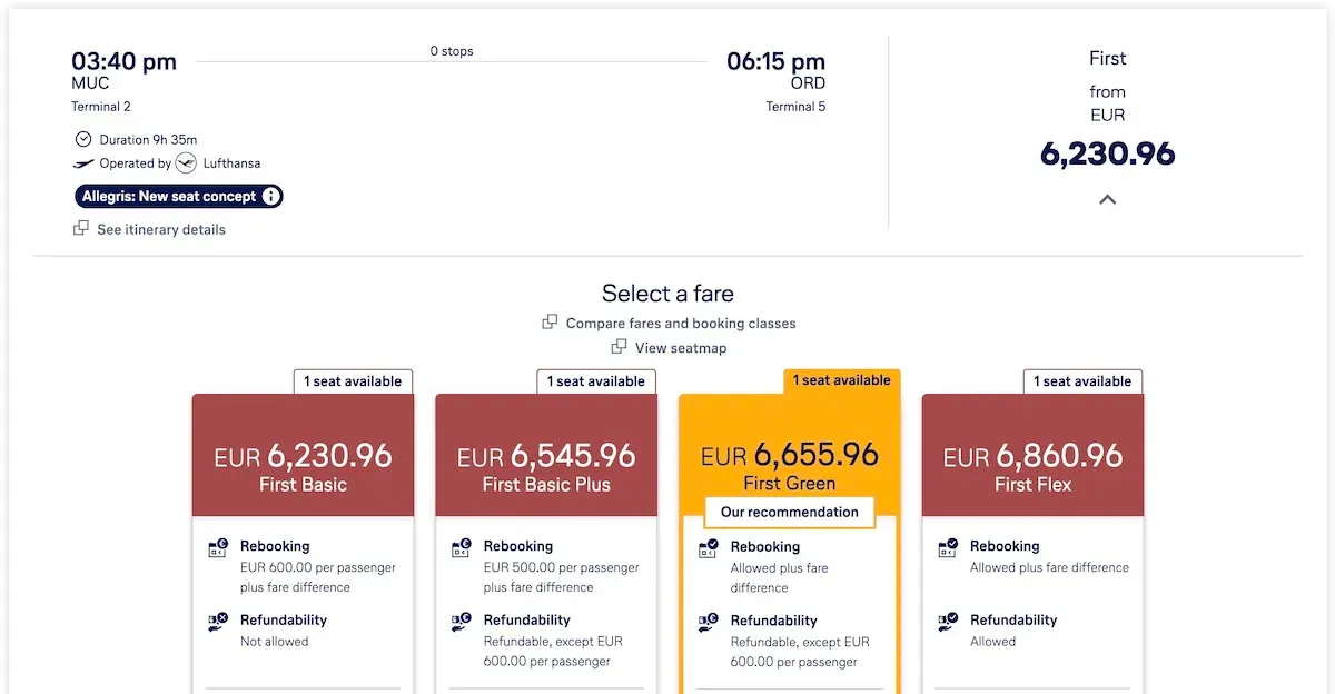 Screenshot comparing Lufthansa First Class fares, showing reduced refund penalties.