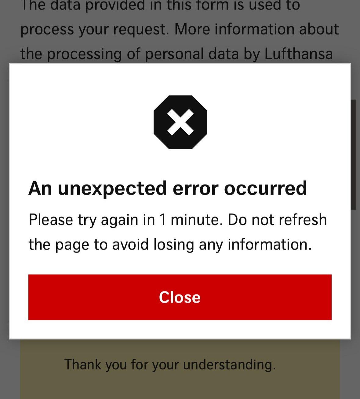 Lufthansa portal error: "An unexpected error occurred. Please try again in 1 minute."