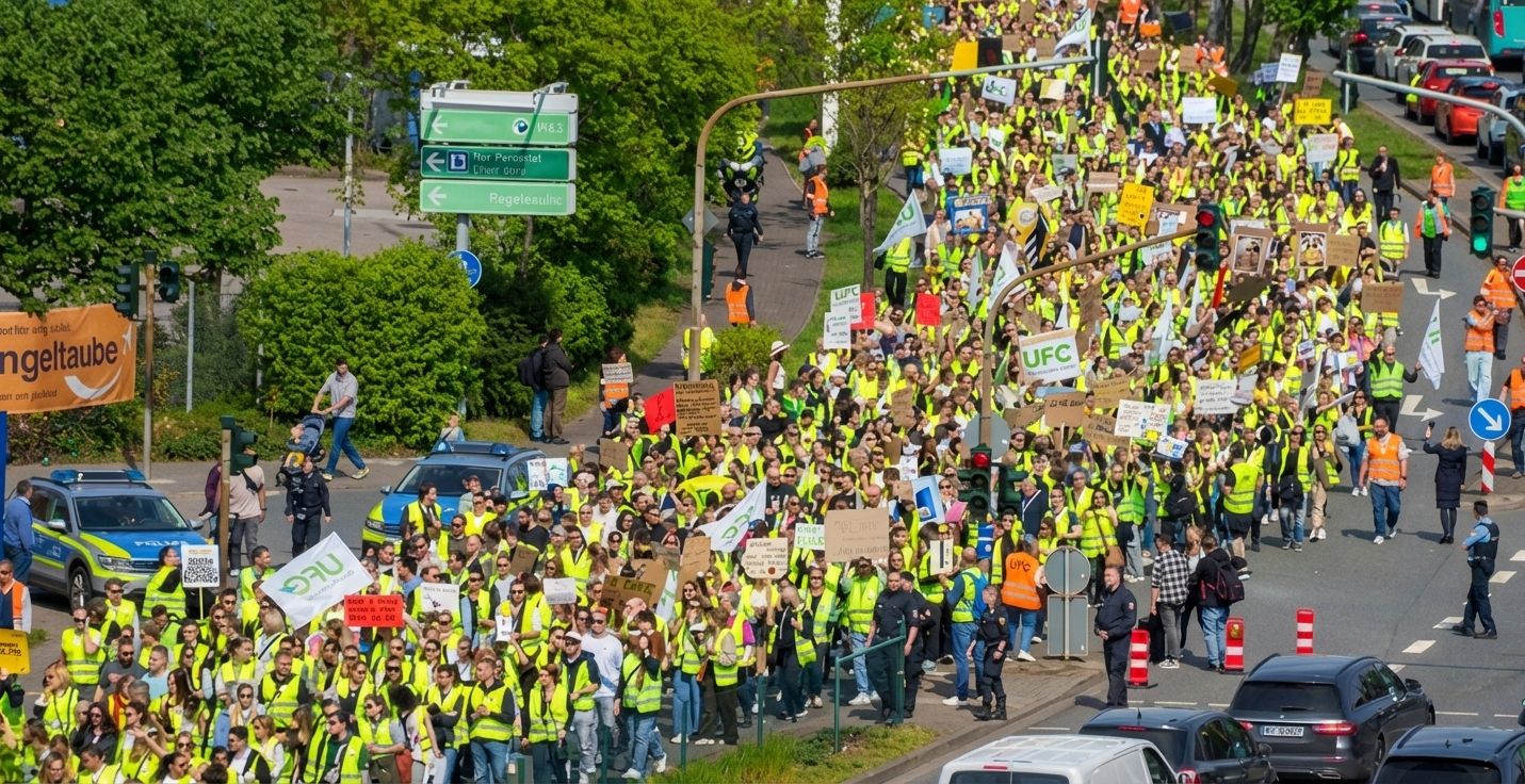 Large protest march with people wearing yellow vests filling the street.