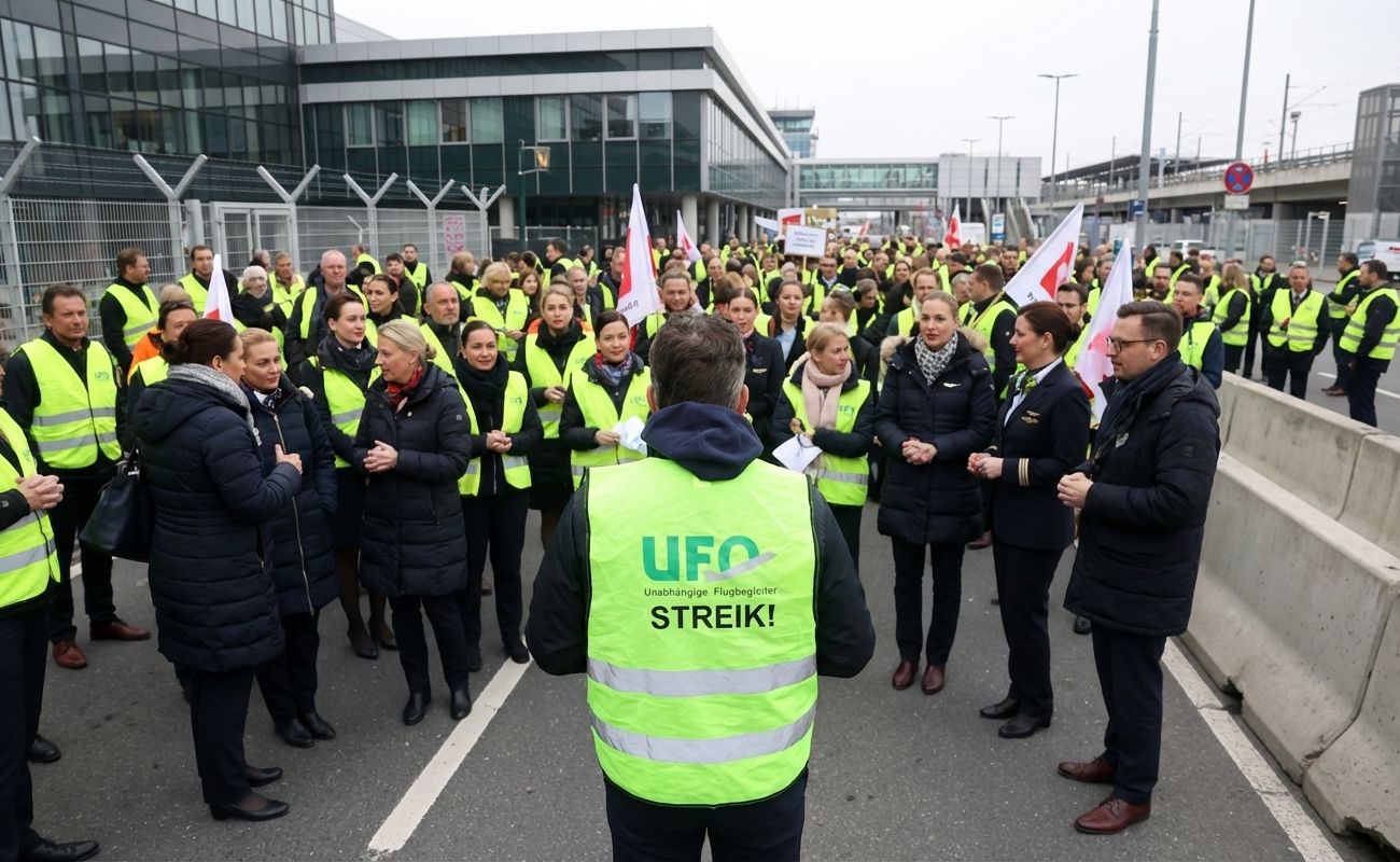 UFO-Gewerkschaftsmitglieder protestieren an einem Flughafen und fordern bessere Arbeitsbedingungen. Schilder und Warnwesten sind sichtbar.