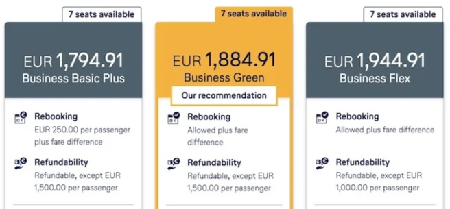 Screenshot comparing Lufthansa Business Class fares (Basic Plus, Green, Flex), showing high refund penalties.