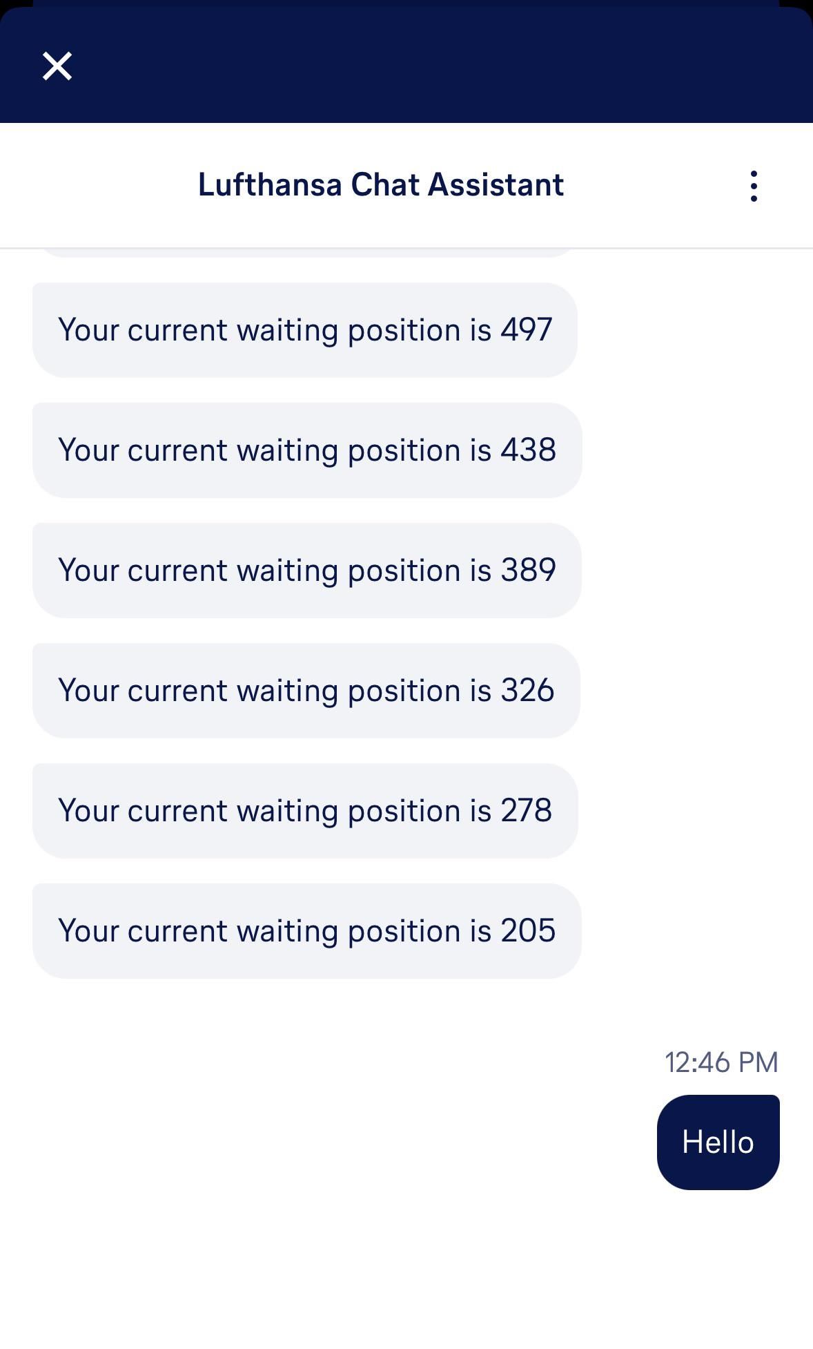 Screenshot of Lufthansa chat assistant showing long wait times. Waiting position decreasing from 497 to 205.