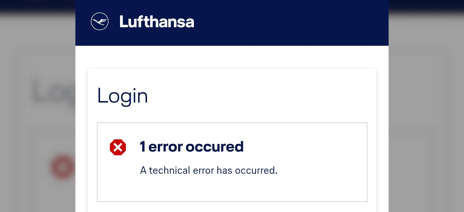 Lufthansa login error: "1 error occured. A technical error has occurred."