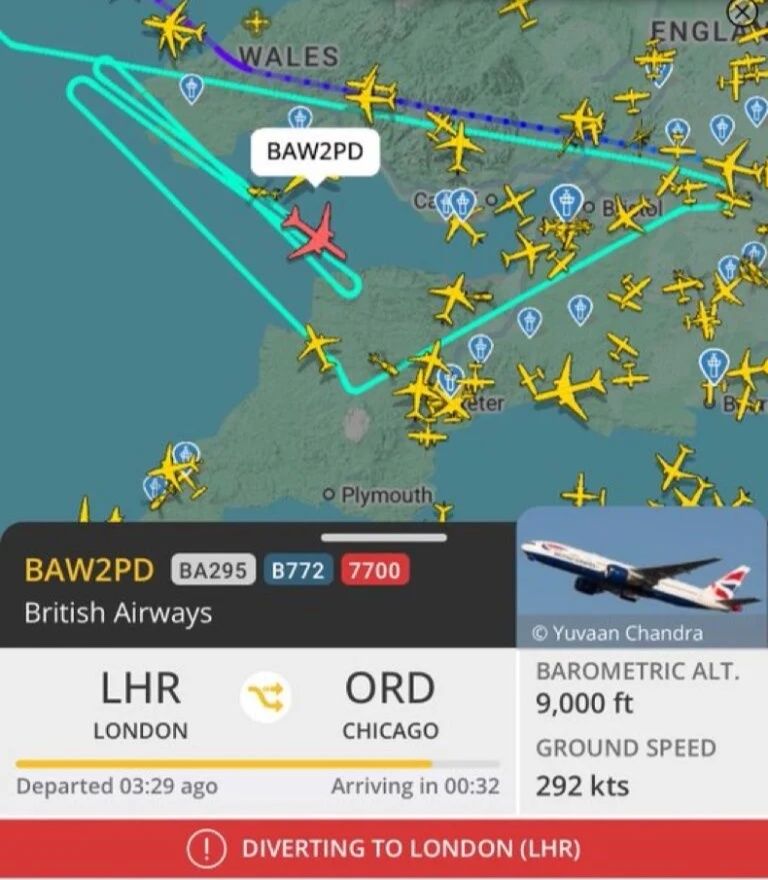 Flugkarte: British Airways BA295 (BAW2PD) B772 leitet wegen 7700-Notfall nach London (LHR) von Chicago (ORD) um, kreist über Wales/England. Foto: Yuvaan Chandra.