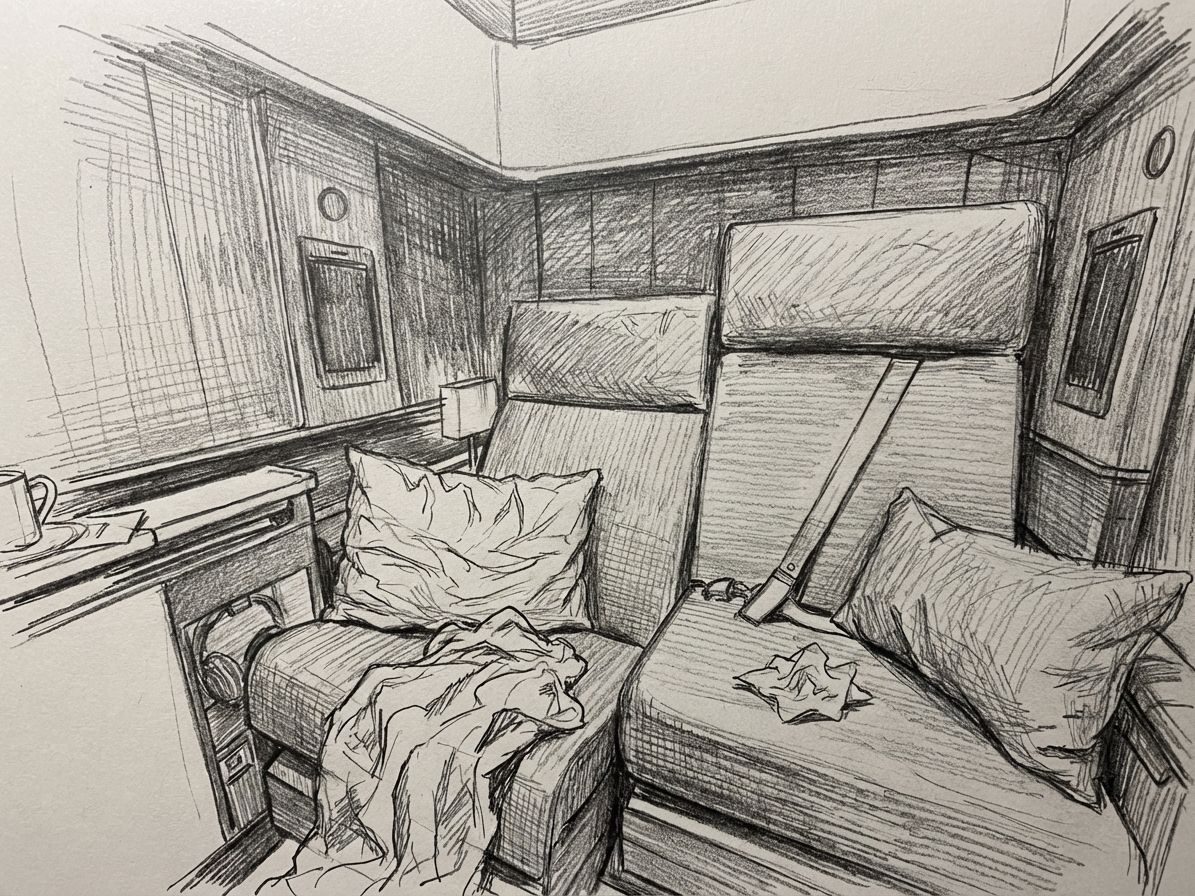 Sketch of a Lufthansa Allegris first-class suite, showing seat and side table.