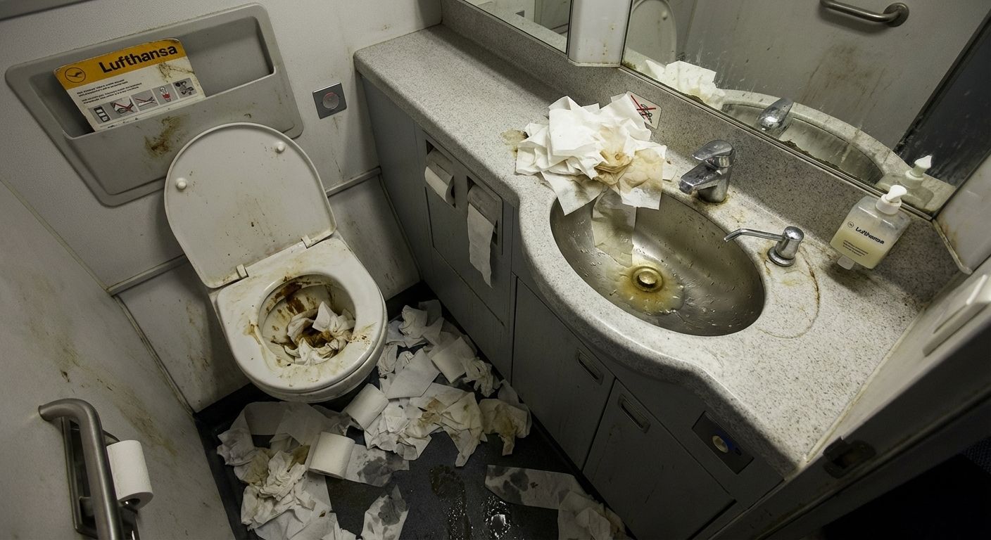 Dirty Lufthansa airplane lavatory with overflowing toilet and scattered paper towels