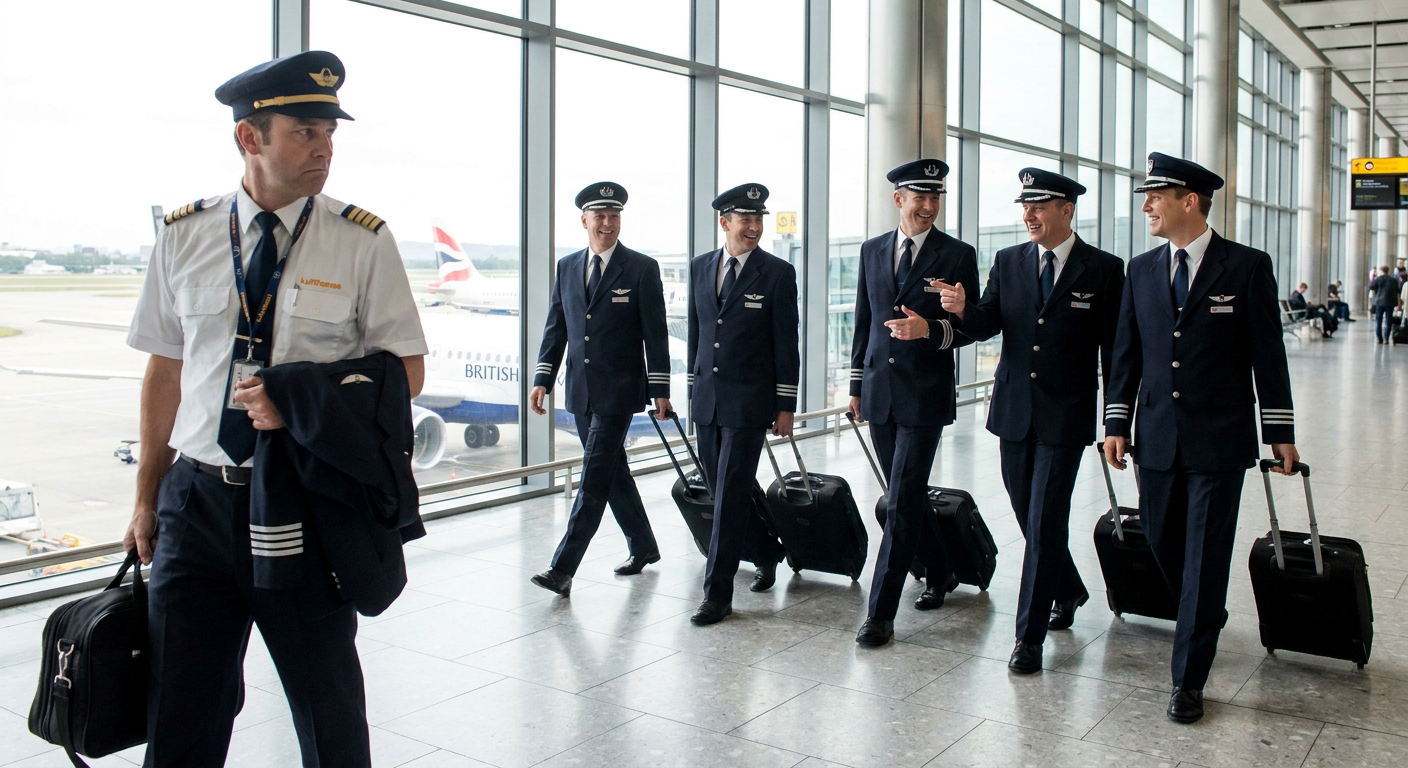 A Lufthansa pilot stands in an airport terminal, while smiling British Airways pilots walk with luggage past a parked plane.