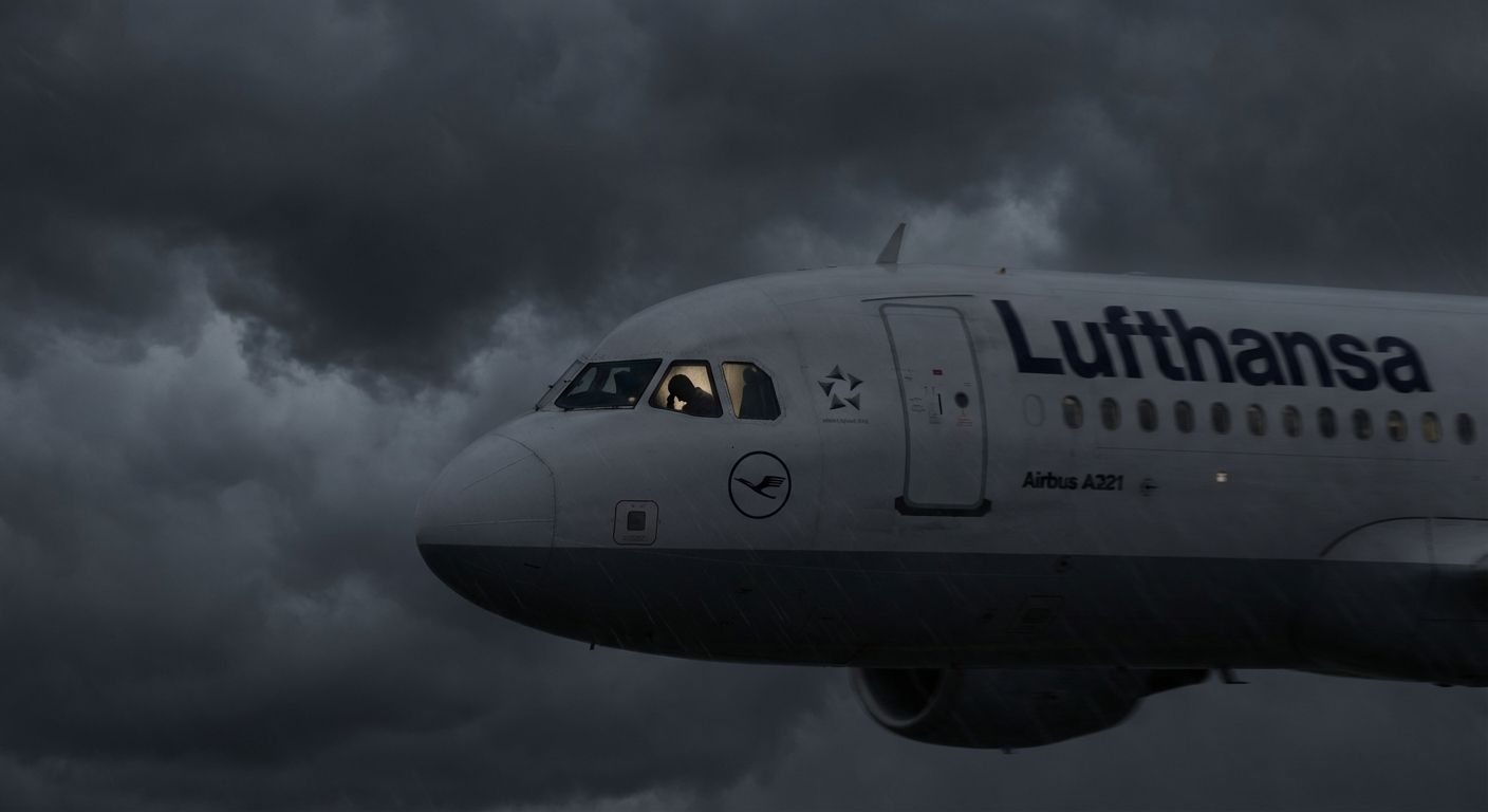 Lufthansa Airbus A321 flying against dark stormy clouds, pilot slumped in cockpit.