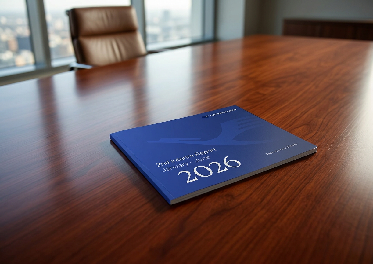Lufthansa Group 2. Zwischenbericht Januar-Juni 2026 liegt auf einem glänzenden Holztisch im Büro.