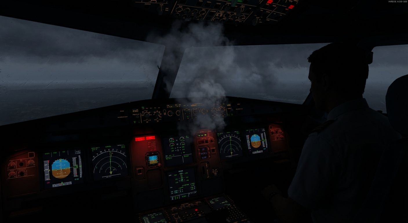 Cockpit view with smoke; pilot visible. Possibly a flight emergency scenario.