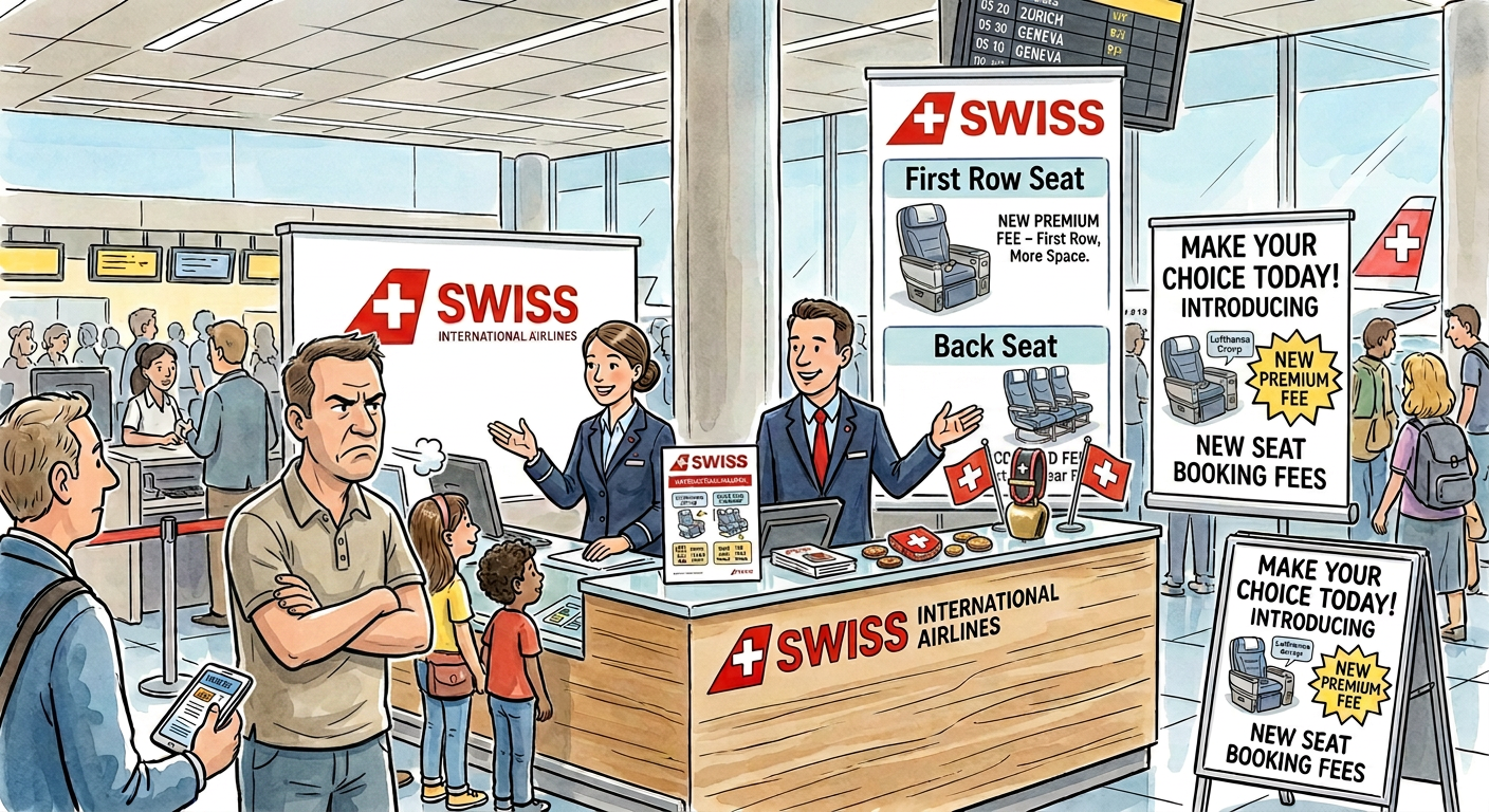 SWISS International Airlines staff promote 'NEW PREMIUM FEE' and 'NEW SEAT BOOKING FEES' (Lufthansa Crorp) to unhappy passengers.
