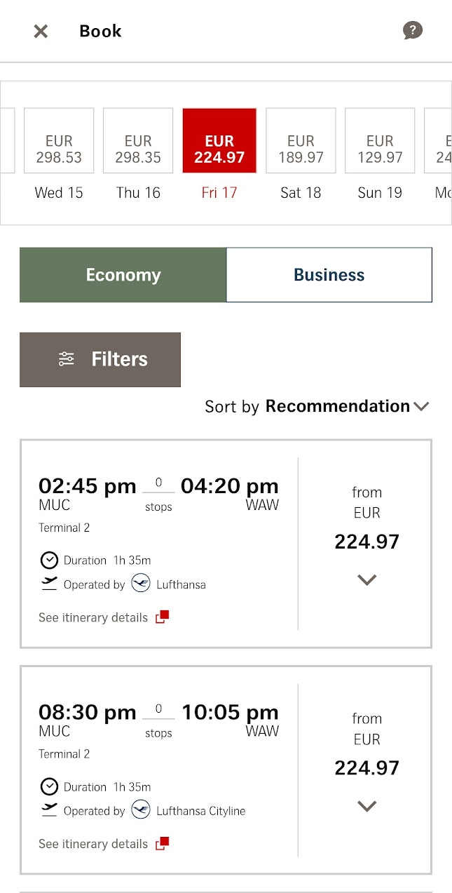 Screenshot of a flight booking interface showing options and prices from Munich to Warsaw.