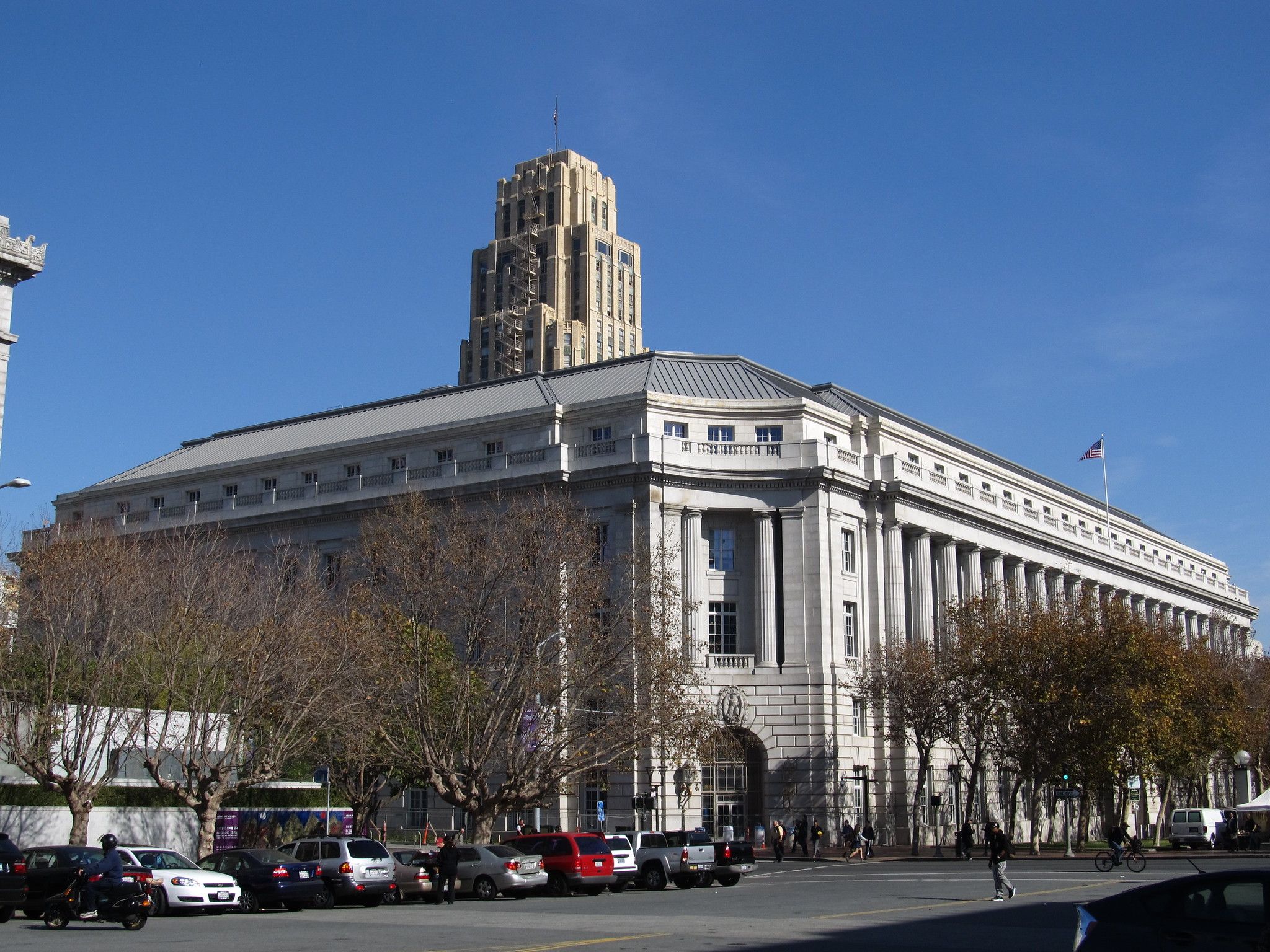 Federal Building in San Francisco, with a prominent tower, under a clear blue sky.