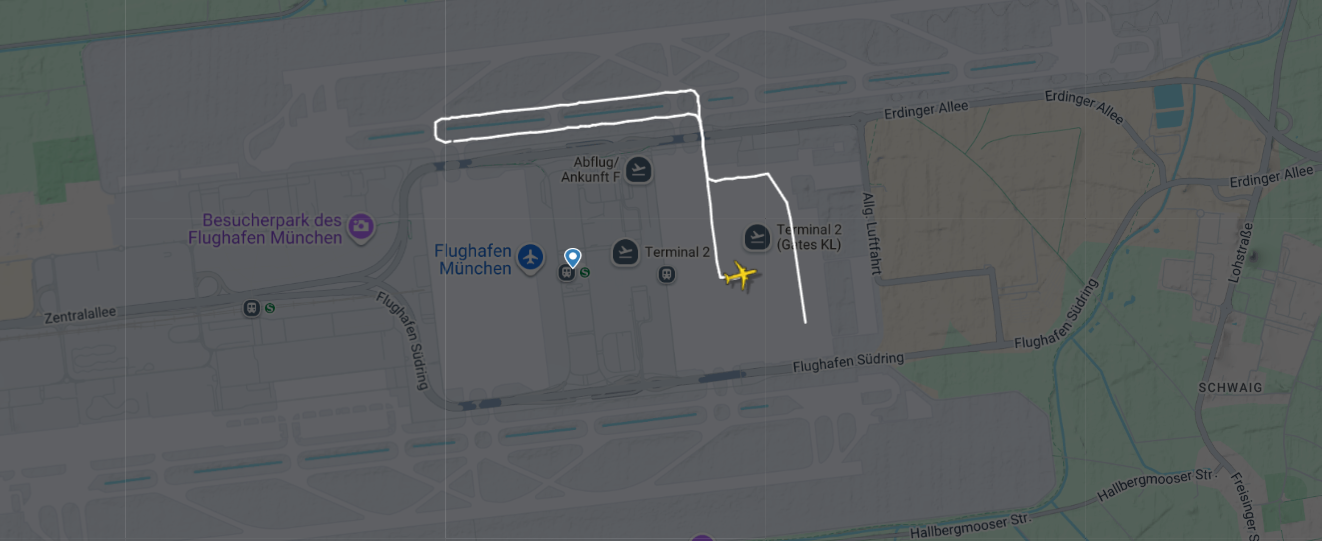 Map of Munich Airport showing aircraft path to remote taxi stand and back.