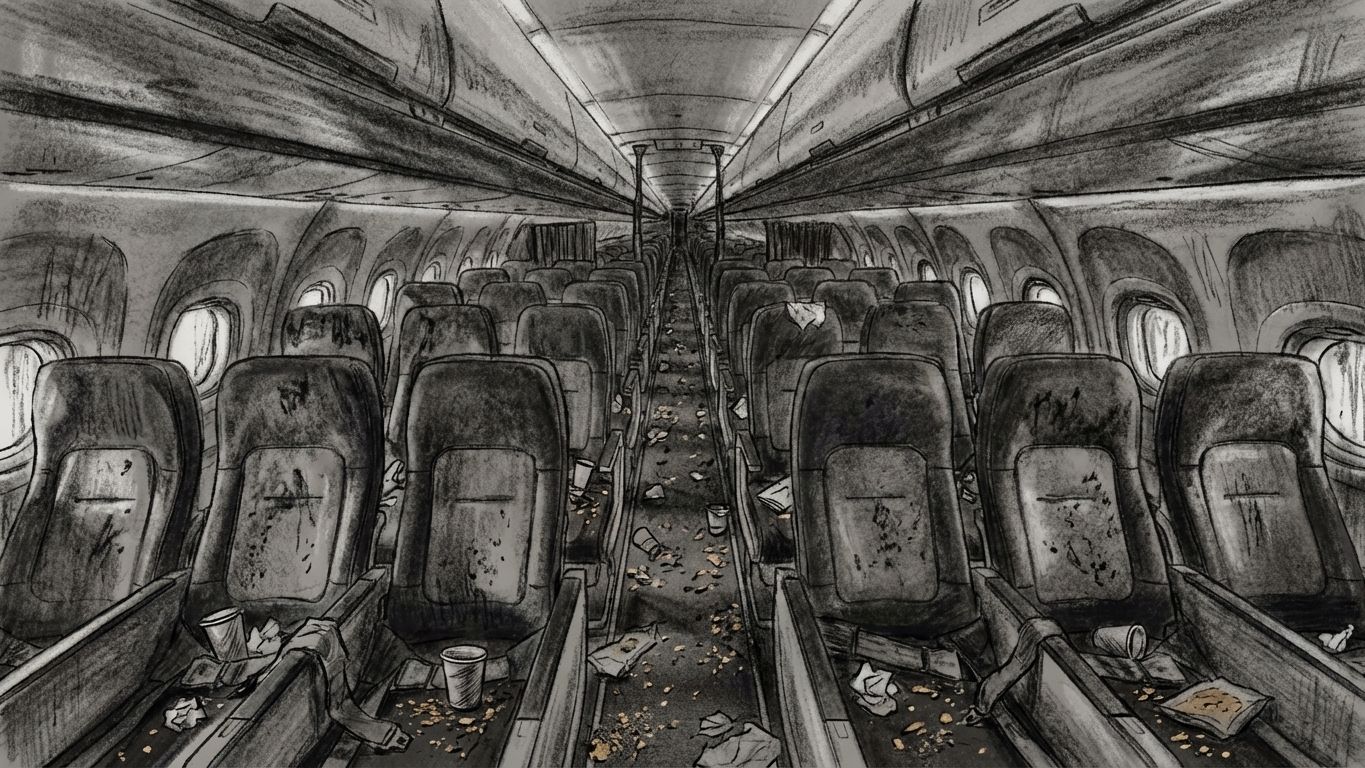 Grayscale drawing of a dirty airplane interior with trash strewn in the aisle and on seats.