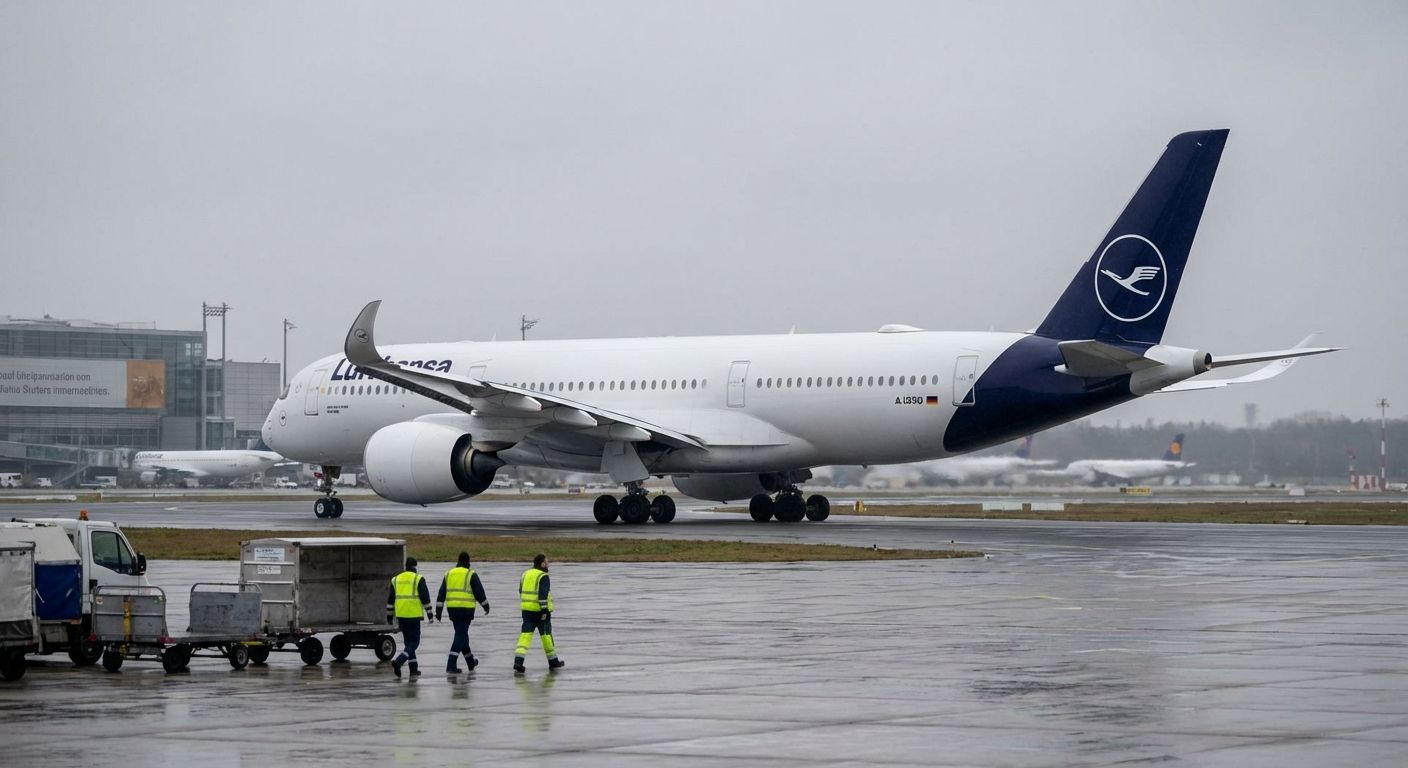 Lufthansa A350 on wet airport tarmac with ground crew. Overcast sky.