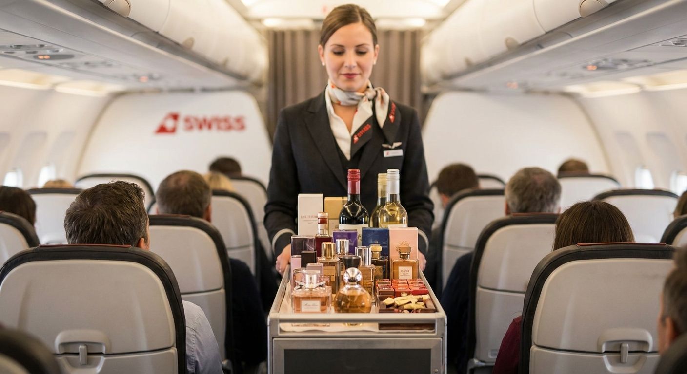 A Swiss International Air Lines flight attendant pushes a trolley offering duty-free perfumes and wine to passengers in an aircraft cabin.