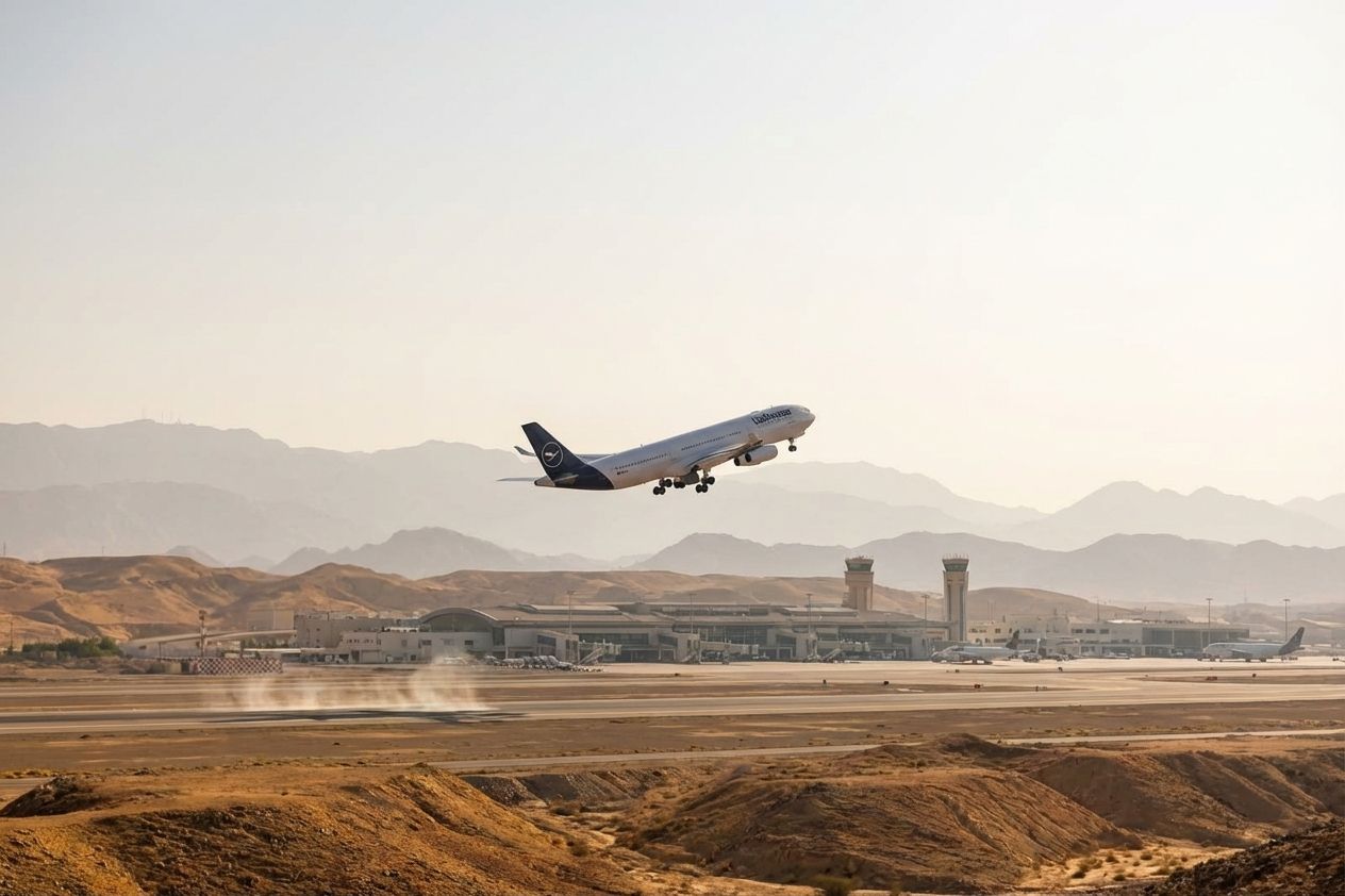 Lufthansa plane taking off from a desert airport, mountains in background.