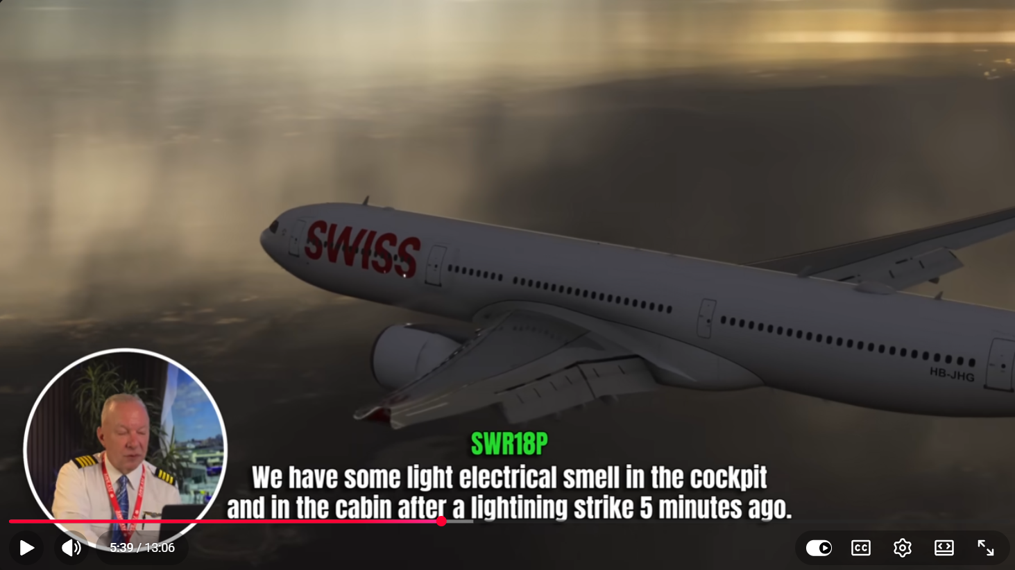 Swiss Flugzeug SWR18P im Flug nach Blitzeinschlag, elektrischer Geruch gemeldet. Pilot Steeeve ist in der Ecke.