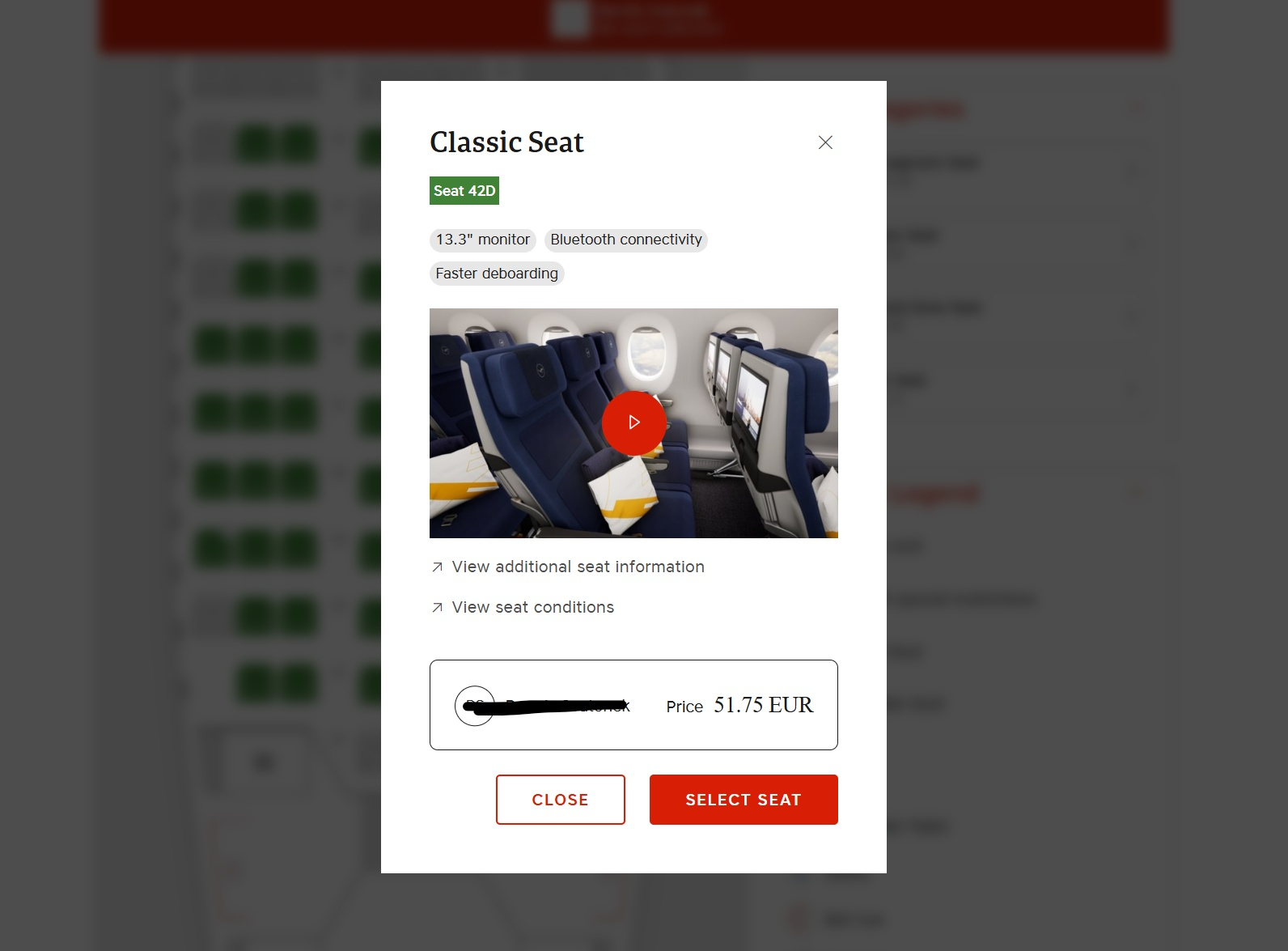 "Classic Seat" selection pop-up shows Seat 42D with 13.3" monitor, Bluetooth, faster deboarding, and a price of 51.75 EUR.