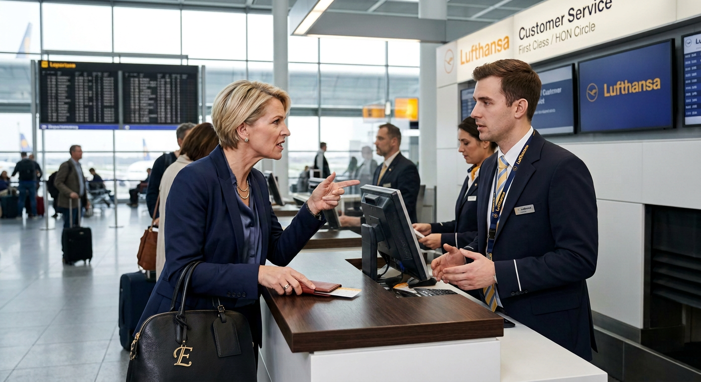 An angry woman points and confronts a calm Lufthansa customer service agent at an airport check-in desk.