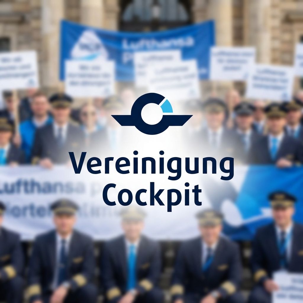 Lufthansa pilots on strike with Vereinigung Cockpit logo. Demonstrating labor action.