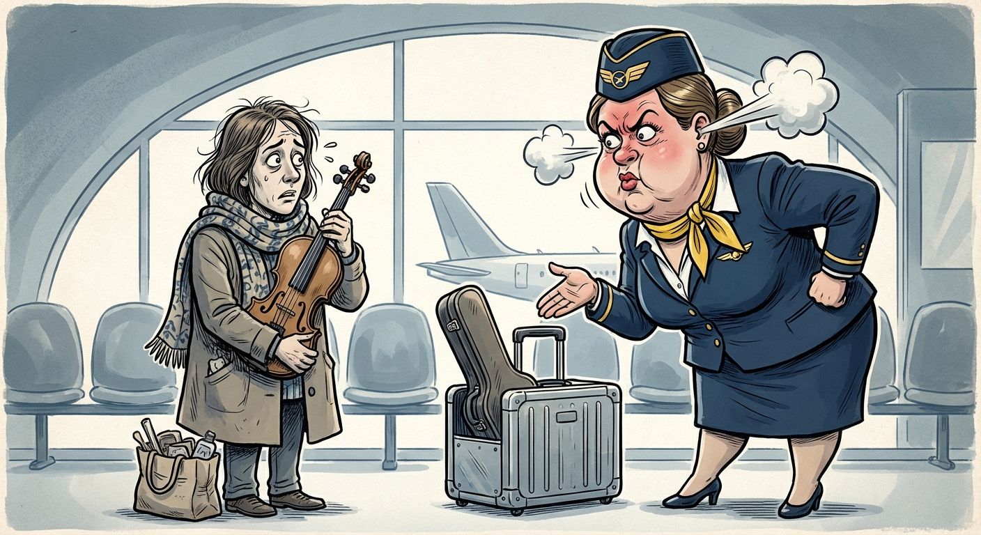Cartoon of a flight attendant confronting a violinist.
