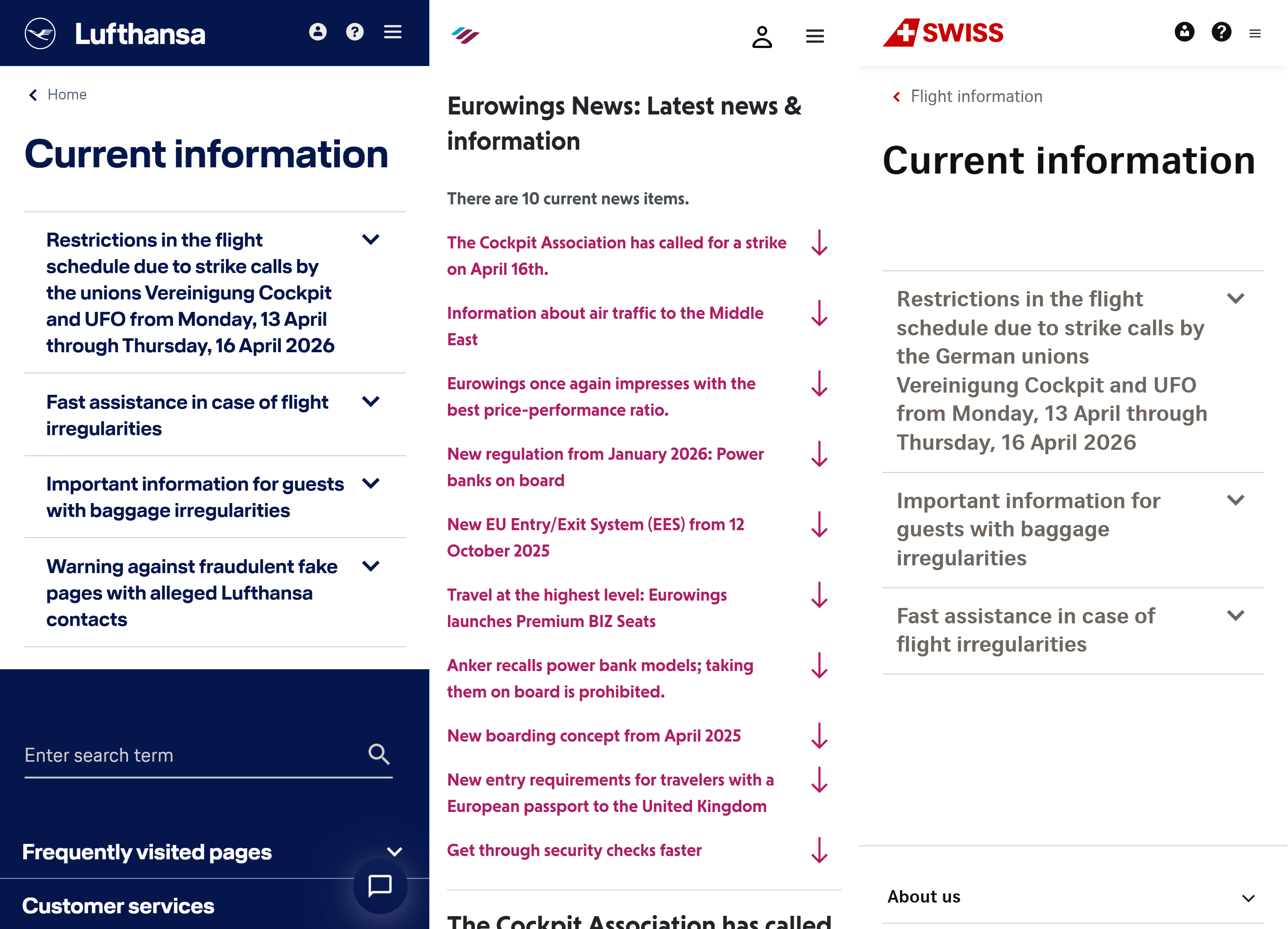 Screenshots of Lufthansa, Eurowings, and SWISS websites displaying flight information and news, including strike updates.