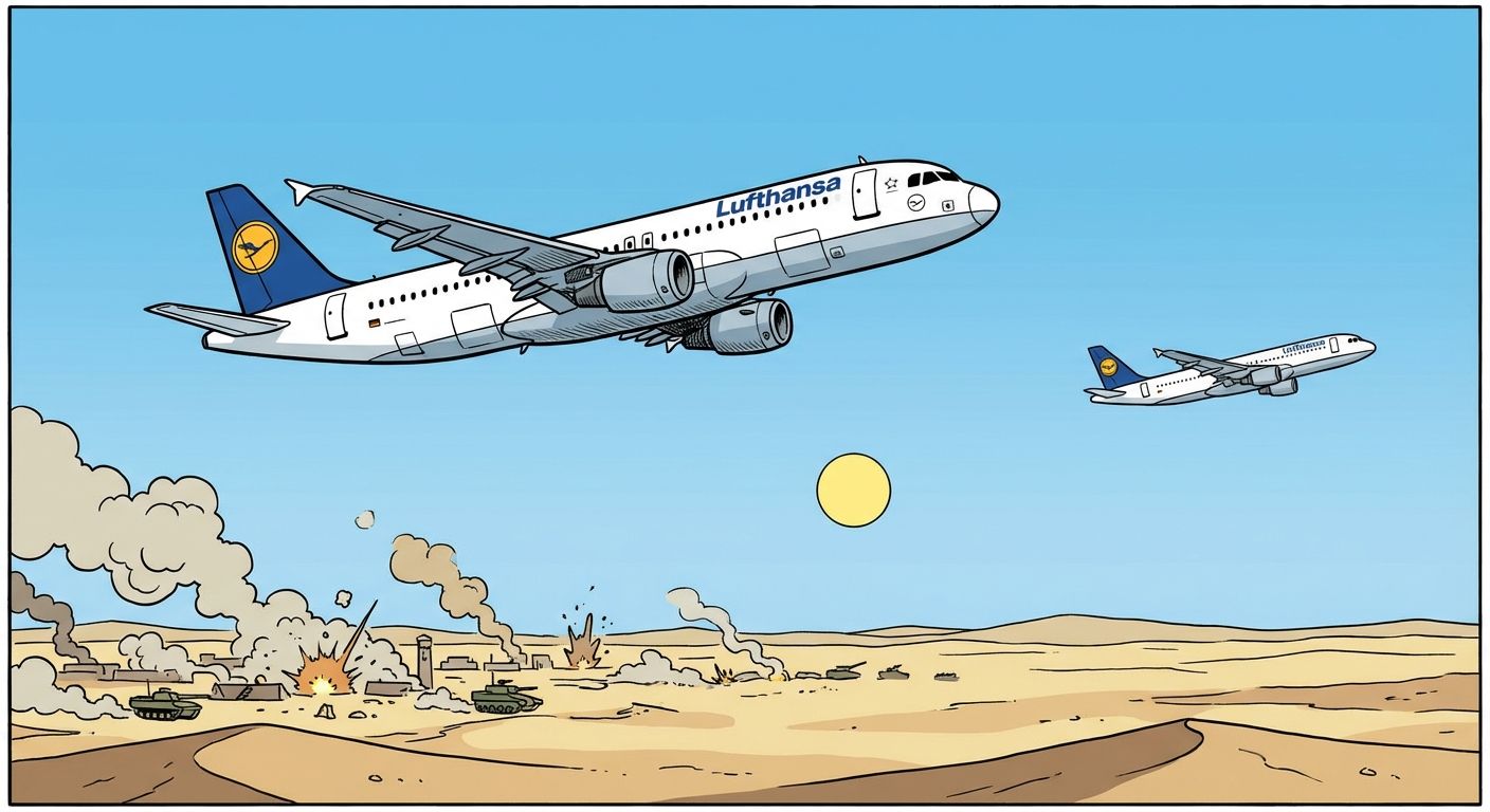 Cartoon of Lufthansa planes flying over a war-torn desert landscape.