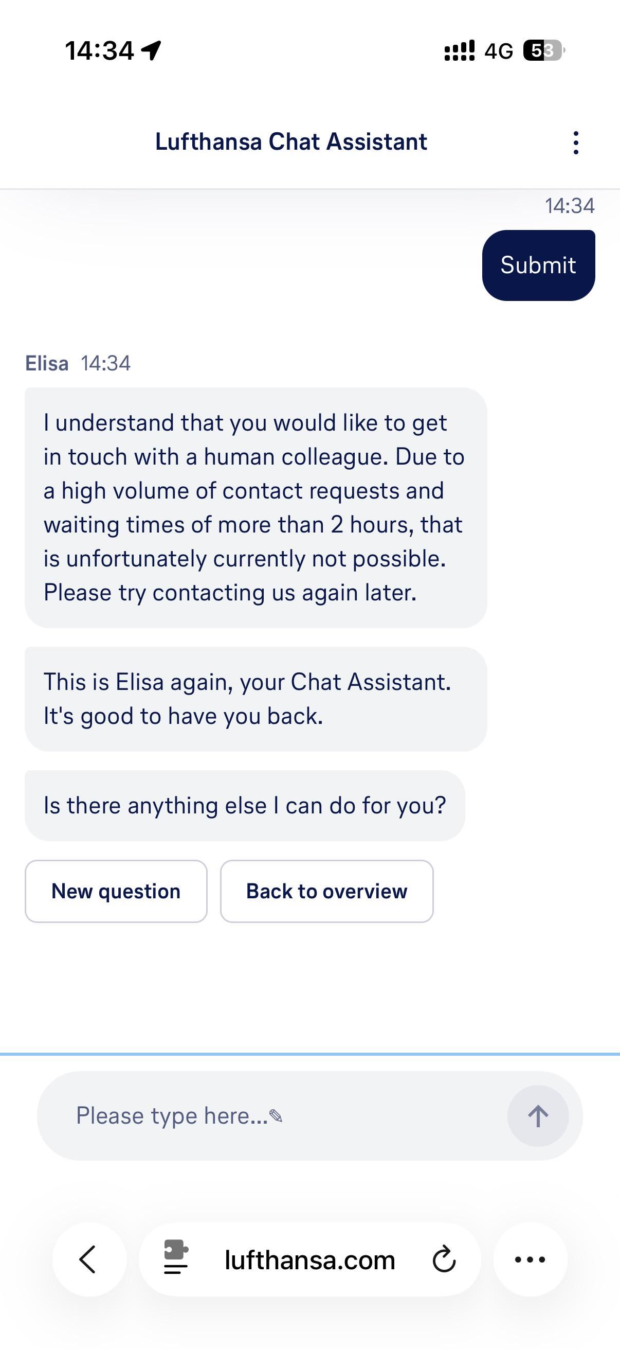 Lufthansa's AI chat assistant Elisa denies a request for human support, citing high volume and wait times exceeding two hours.