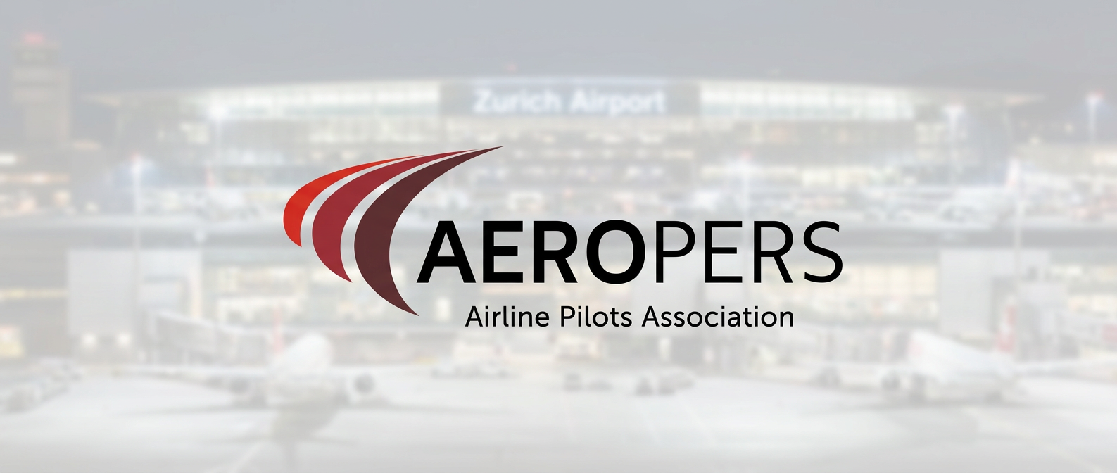 AEROPERS Airline Pilots Association Logo über einem unscharfen Bild des Flughafens Zürich in der Abenddämmerung.