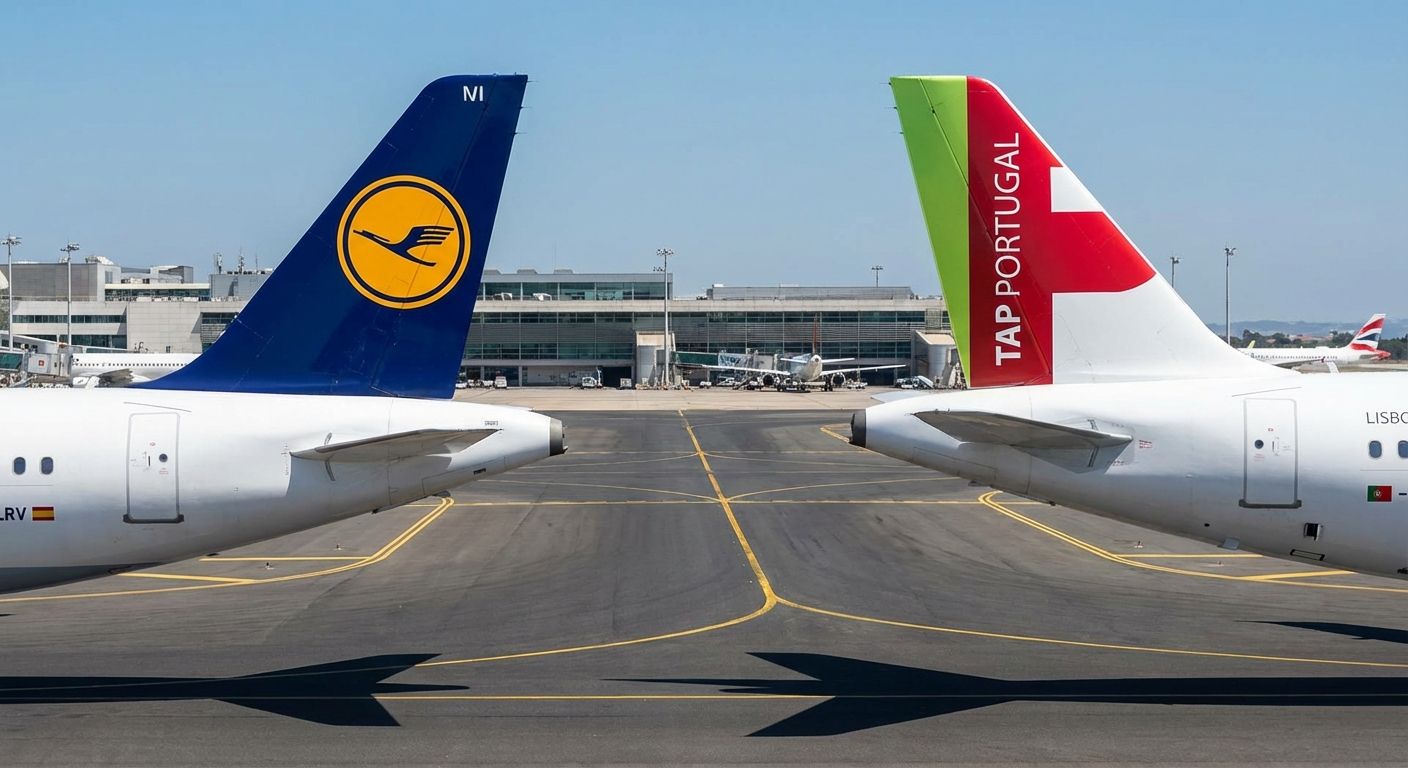 Lufthansa and TAP Portugal tails at airport, facing each other. Clear skies. Potential airline merger context.