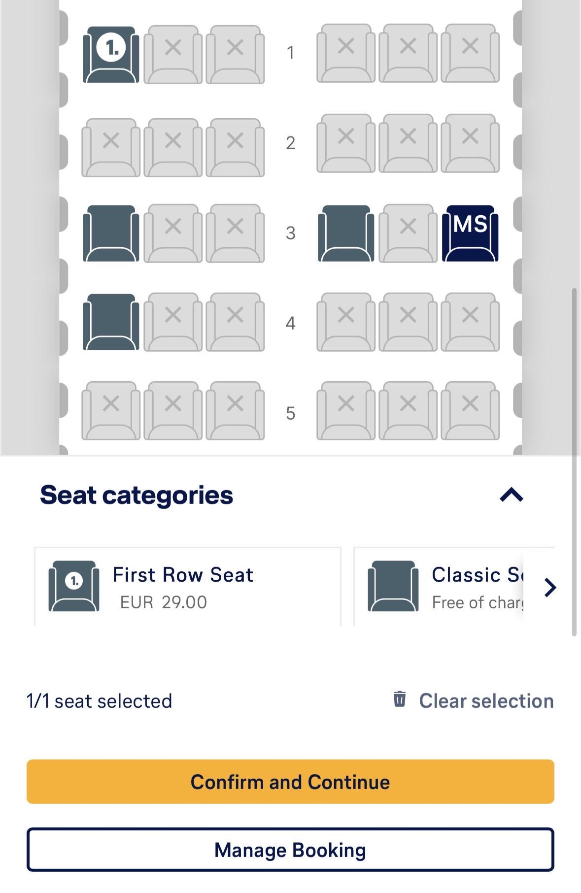 Lufthansa's business class seat selection interface showing a selected 'First Row Seat' for €29.00.